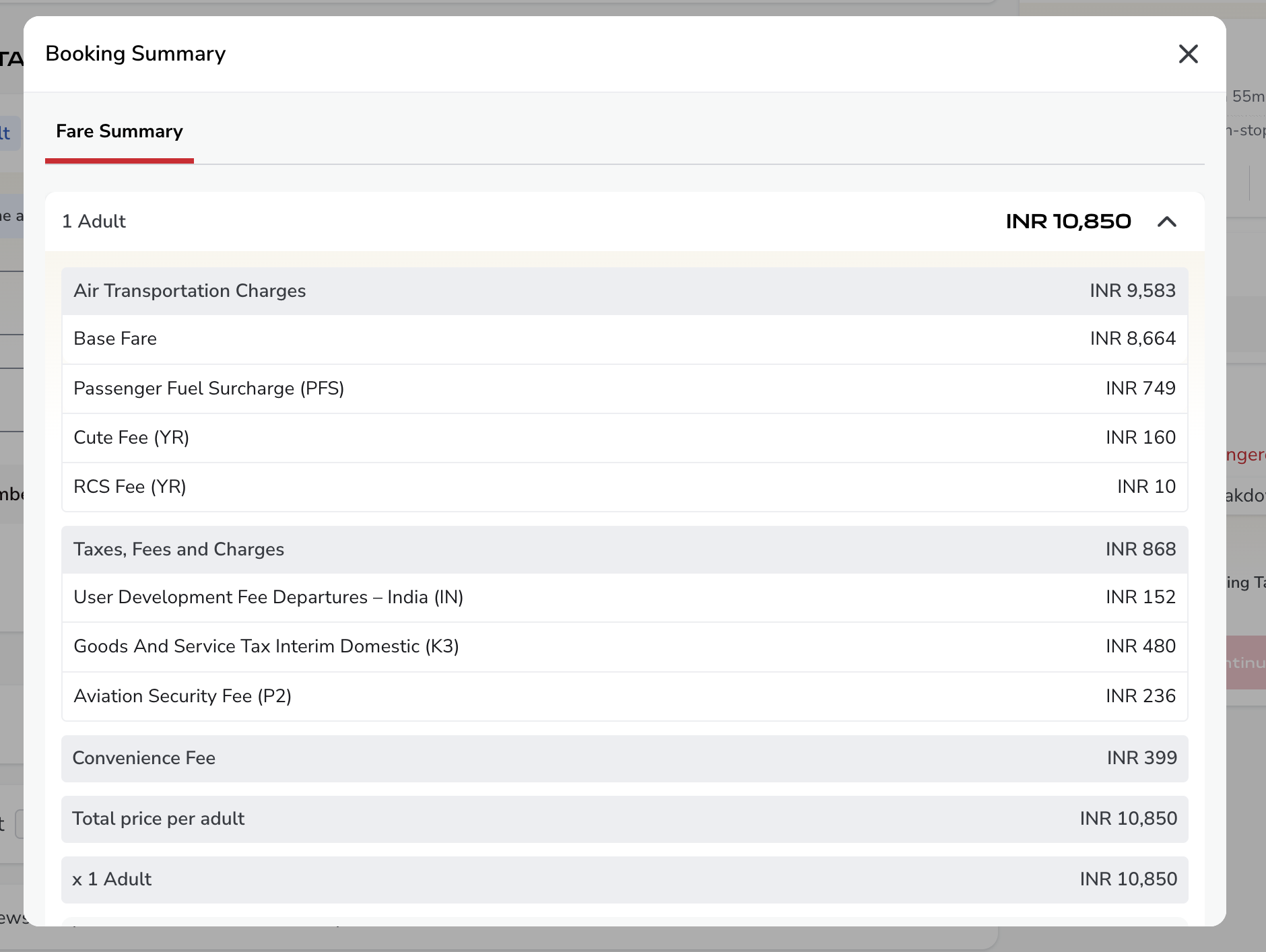 Air India website fare breakdown showing convenience fee