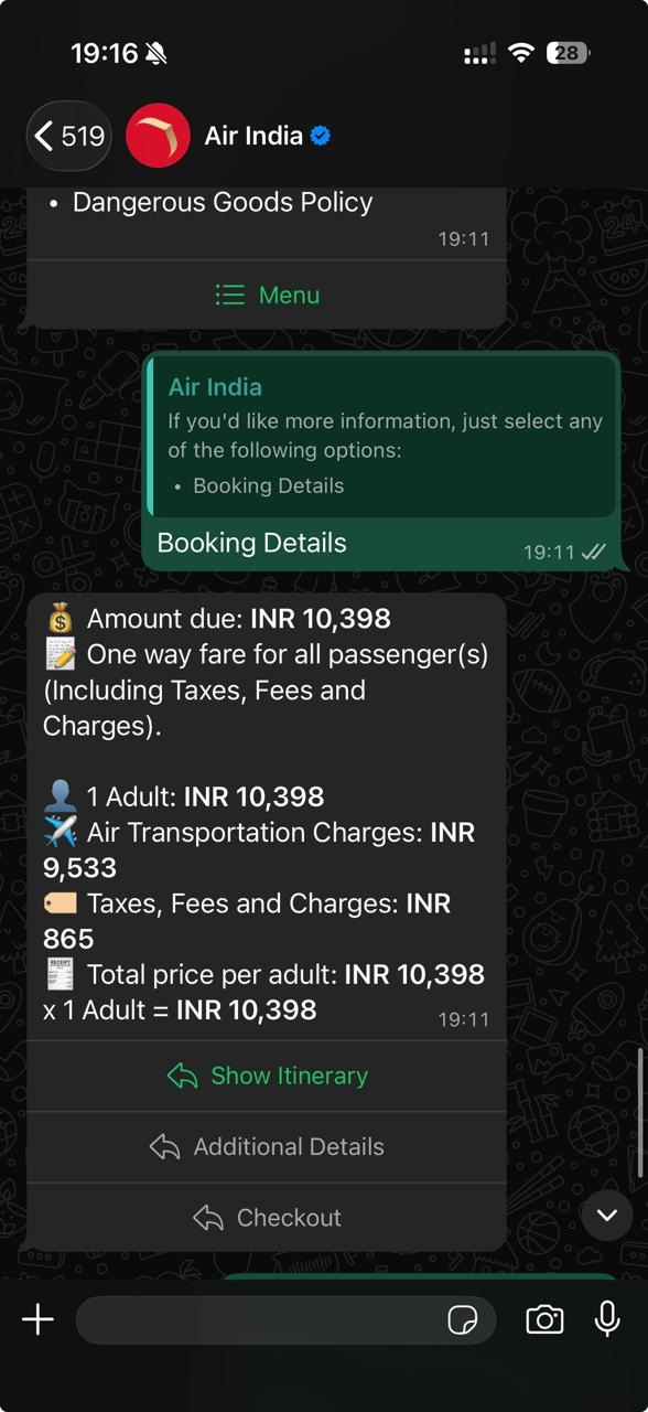 Air India WhatsApp AI.g fare breakdown with no convenience fee